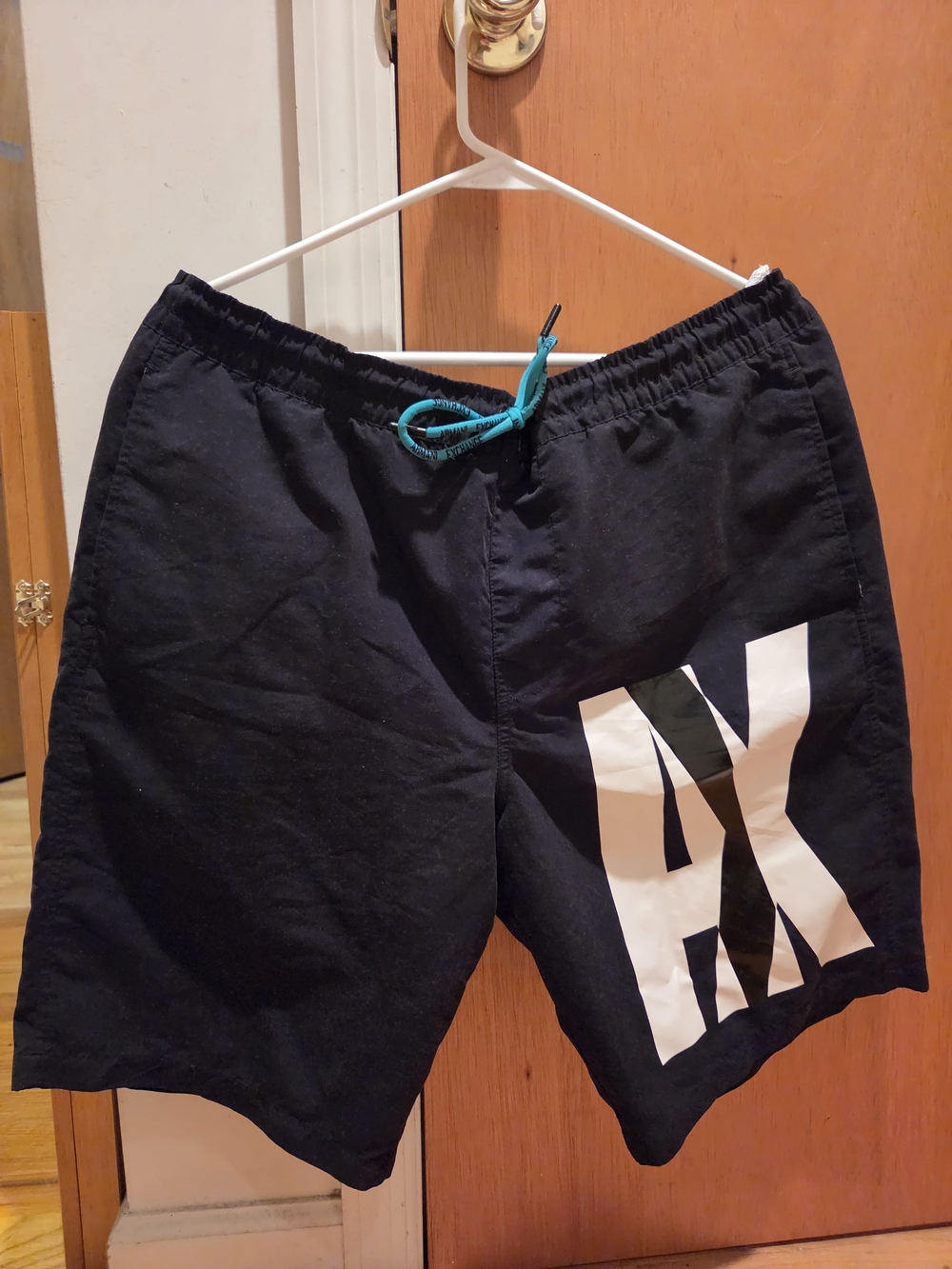 Armani Exchange Black Swim Trunks with Teal Drawstring